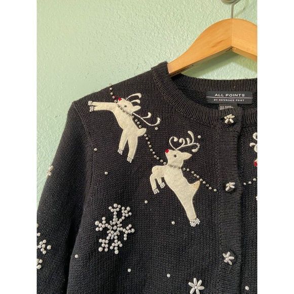 Vintage Women's Holiday Christmas Reindeer‎ and Snowflake Black Sweater Small - Picture 4 of 11